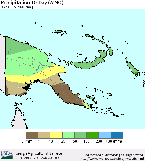 Papua New Guinea Precipitation 10-Day (WMO) Thematic Map For 10/6/2020 - 10/15/2020