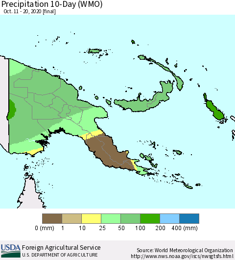 Papua New Guinea Precipitation 10-Day (WMO) Thematic Map For 10/11/2020 - 10/20/2020