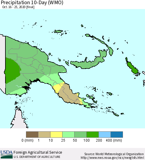 Papua New Guinea Precipitation 10-Day (WMO) Thematic Map For 10/16/2020 - 10/25/2020