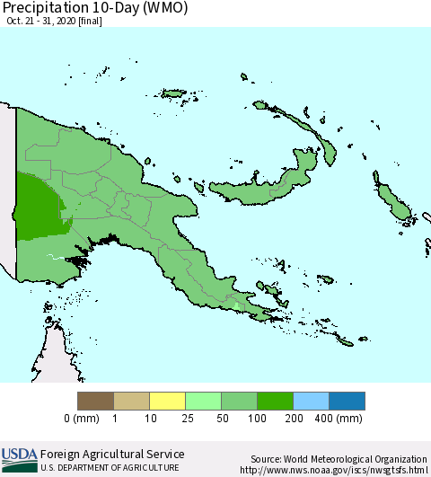 Papua New Guinea Precipitation 10-Day (WMO) Thematic Map For 10/21/2020 - 10/31/2020