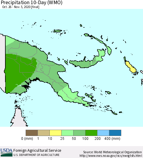 Papua New Guinea Precipitation 10-Day (WMO) Thematic Map For 10/26/2020 - 11/5/2020