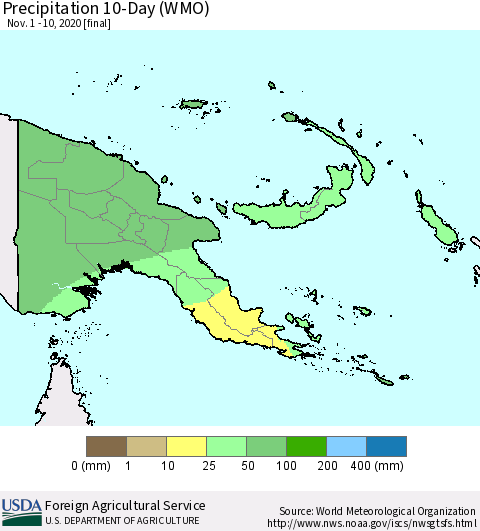 Papua New Guinea Precipitation 10-Day (WMO) Thematic Map For 11/1/2020 - 11/10/2020