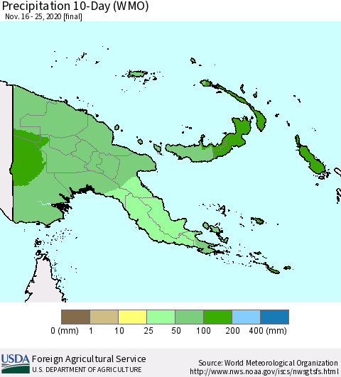 Papua New Guinea Precipitation 10-Day (WMO) Thematic Map For 11/16/2020 - 11/25/2020