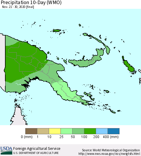 Papua New Guinea Precipitation 10-Day (WMO) Thematic Map For 11/21/2020 - 11/30/2020