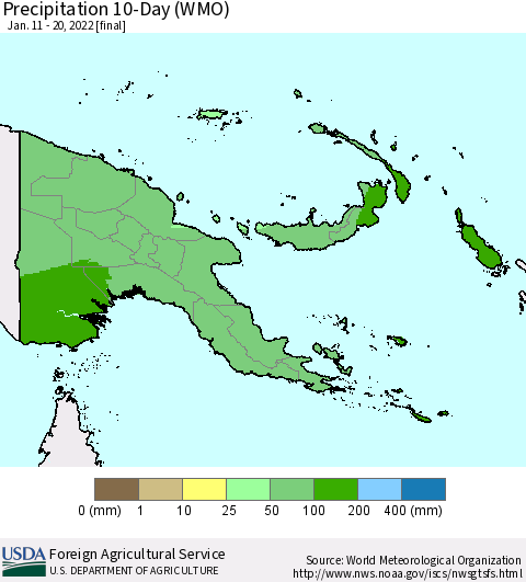 Papua New Guinea Precipitation 10-Day (WMO) Thematic Map For 1/11/2022 - 1/20/2022