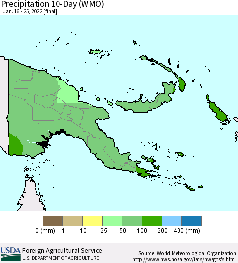 Papua New Guinea Precipitation 10-Day (WMO) Thematic Map For 1/16/2022 - 1/25/2022