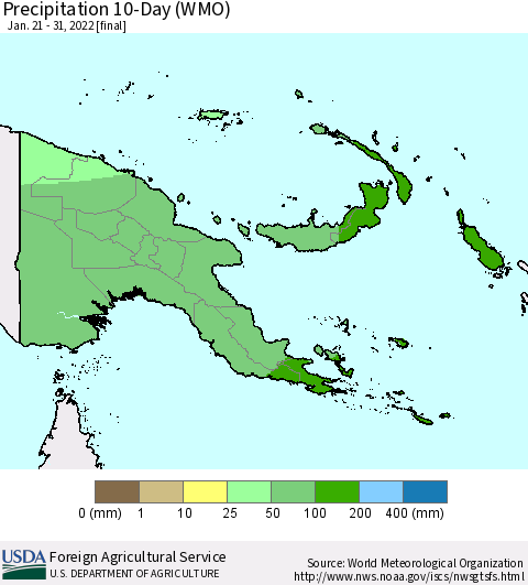 Papua New Guinea Precipitation 10-Day (WMO) Thematic Map For 1/21/2022 - 1/31/2022