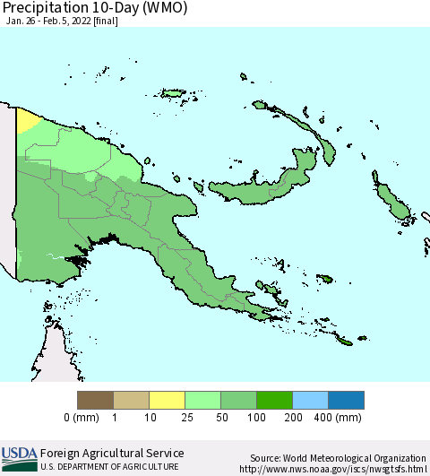 Papua New Guinea Precipitation 10-Day (WMO) Thematic Map For 1/26/2022 - 2/5/2022