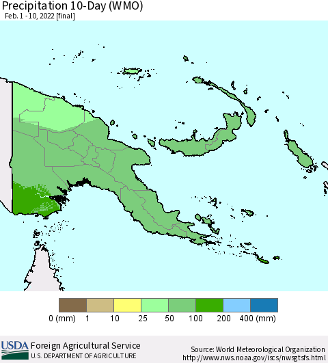 Papua New Guinea Precipitation 10-Day (WMO) Thematic Map For 2/1/2022 - 2/10/2022