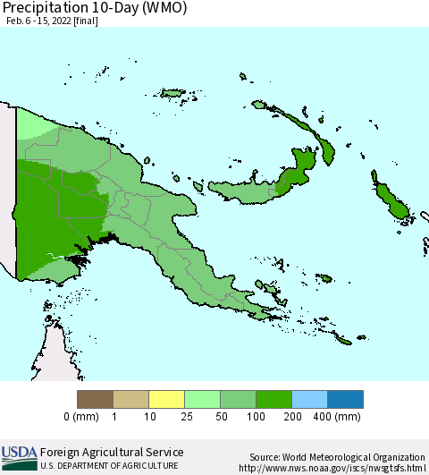 Papua New Guinea Precipitation 10-Day (WMO) Thematic Map For 2/6/2022 - 2/15/2022