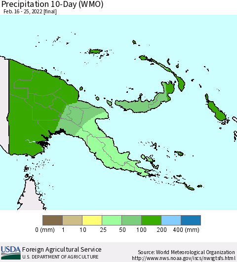 Papua New Guinea Precipitation 10-Day (WMO) Thematic Map For 2/16/2022 - 2/25/2022