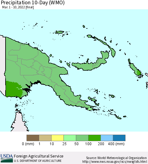 Papua New Guinea Precipitation 10-Day (WMO) Thematic Map For 3/1/2022 - 3/10/2022