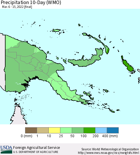 Papua New Guinea Precipitation 10-Day (WMO) Thematic Map For 3/6/2022 - 3/15/2022