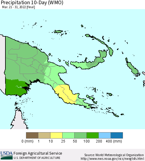 Papua New Guinea Precipitation 10-Day (WMO) Thematic Map For 3/21/2022 - 3/31/2022