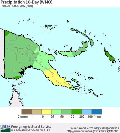 Papua New Guinea Precipitation 10-Day (WMO) Thematic Map For 3/26/2022 - 4/5/2022