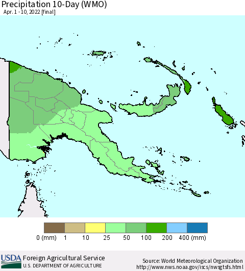 Papua New Guinea Precipitation 10-Day (WMO) Thematic Map For 4/1/2022 - 4/10/2022