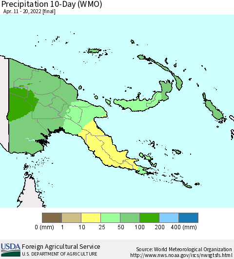 Papua New Guinea Precipitation 10-Day (WMO) Thematic Map For 4/11/2022 - 4/20/2022