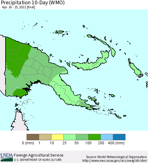 Papua New Guinea Precipitation 10-Day (WMO) Thematic Map For 4/16/2022 - 4/25/2022