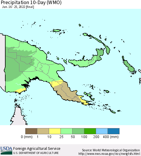 Papua New Guinea Precipitation 10-Day (WMO) Thematic Map For 6/16/2022 - 6/25/2022