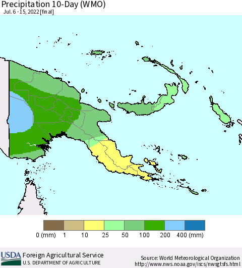Papua New Guinea Precipitation 10-Day (WMO) Thematic Map For 7/6/2022 - 7/15/2022