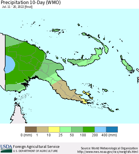 Papua New Guinea Precipitation 10-Day (WMO) Thematic Map For 7/11/2022 - 7/20/2022