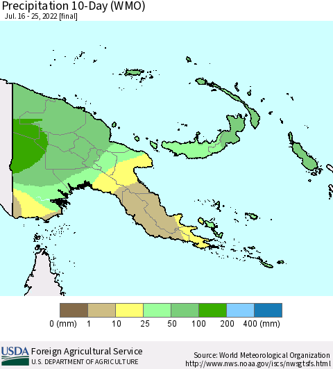 Papua New Guinea Precipitation 10-Day (WMO) Thematic Map For 7/16/2022 - 7/25/2022