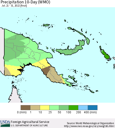 Papua New Guinea Precipitation 10-Day (WMO) Thematic Map For 7/21/2022 - 7/31/2022