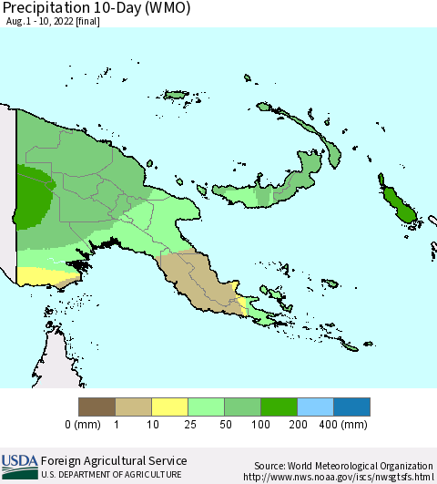 Papua New Guinea Precipitation 10-Day (WMO) Thematic Map For 8/1/2022 - 8/10/2022