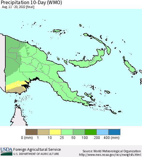 Papua New Guinea Precipitation 10-Day (WMO) Thematic Map For 8/11/2022 - 8/20/2022