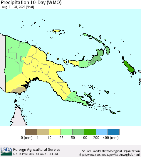 Papua New Guinea Precipitation 10-Day (WMO) Thematic Map For 8/21/2022 - 8/31/2022
