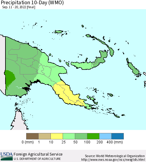 Papua New Guinea Precipitation 10-Day (WMO) Thematic Map For 9/11/2022 - 9/20/2022