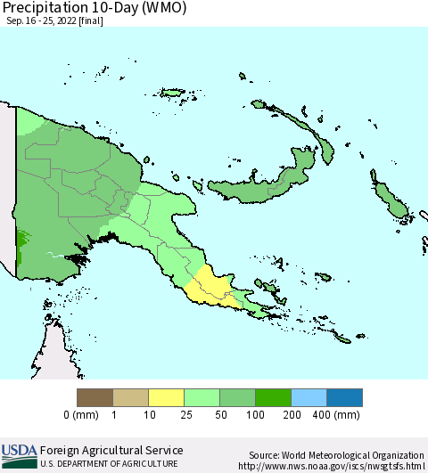 Papua New Guinea Precipitation 10-Day (WMO) Thematic Map For 9/16/2022 - 9/25/2022