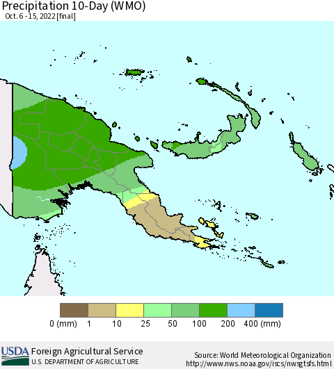 Papua New Guinea Precipitation 10-Day (WMO) Thematic Map For 10/6/2022 - 10/15/2022