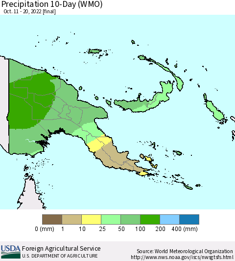 Papua New Guinea Precipitation 10-Day (WMO) Thematic Map For 10/11/2022 - 10/20/2022