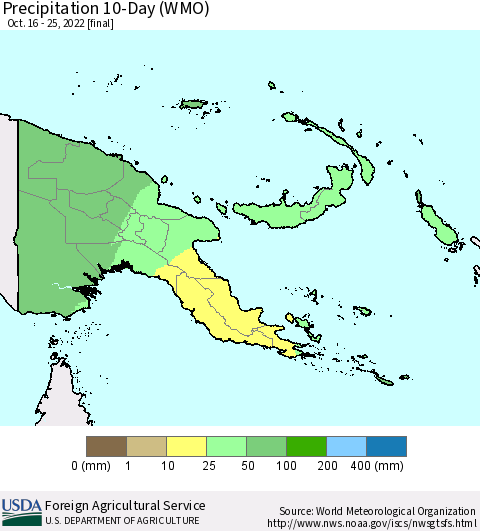 Papua New Guinea Precipitation 10-Day (WMO) Thematic Map For 10/16/2022 - 10/25/2022