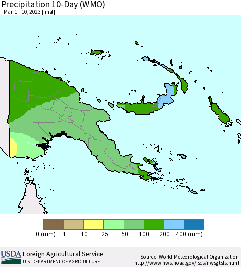 Papua New Guinea Precipitation 10-Day (WMO) Thematic Map For 3/1/2023 - 3/10/2023