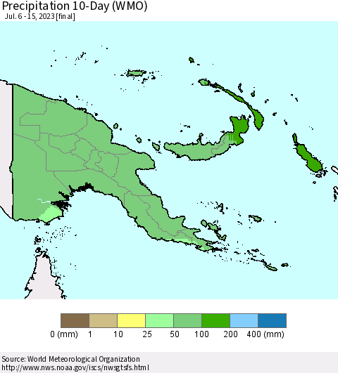 Papua New Guinea Precipitation 10-Day (WMO) Thematic Map For 7/6/2023 - 7/15/2023