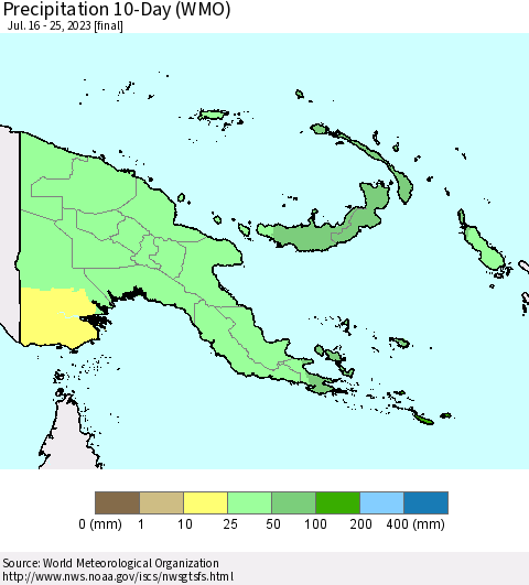 Papua New Guinea Precipitation 10-Day (WMO) Thematic Map For 7/16/2023 - 7/25/2023