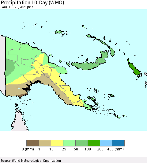 Papua New Guinea Precipitation 10-Day (WMO) Thematic Map For 8/16/2023 - 8/25/2023