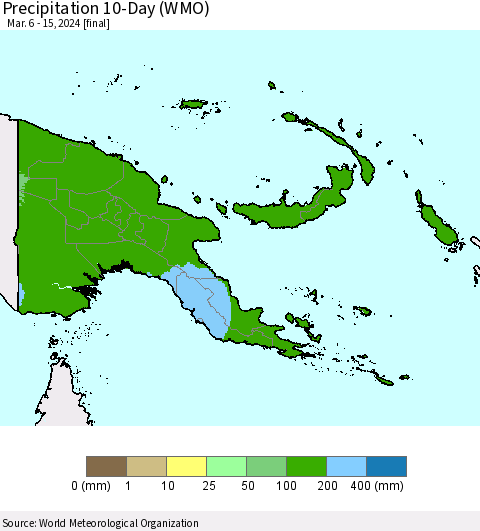 Papua New Guinea Precipitation 10-Day (WMO) Thematic Map For 3/6/2024 - 3/15/2024
