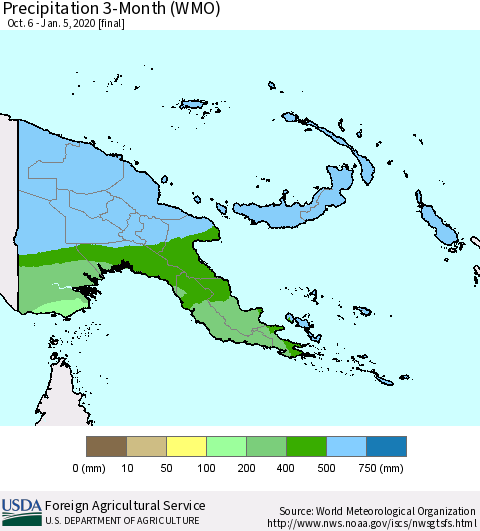 Papua New Guinea Precipitation 3-Month (WMO) Thematic Map For 10/6/2019 - 1/5/2020