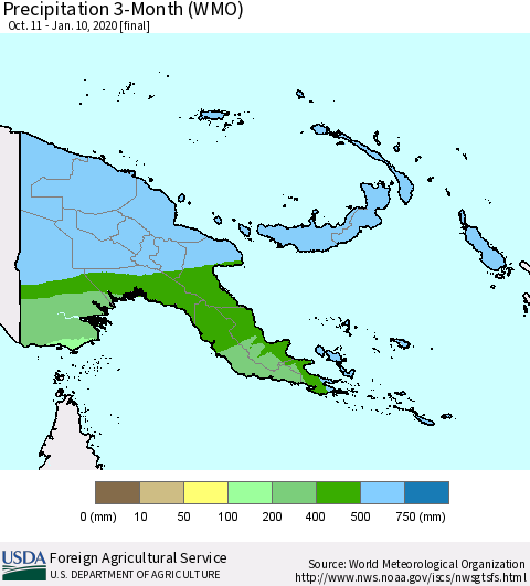 Papua New Guinea Precipitation 3-Month (WMO) Thematic Map For 10/11/2019 - 1/10/2020