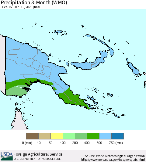 Papua New Guinea Precipitation 3-Month (WMO) Thematic Map For 10/16/2019 - 1/15/2020