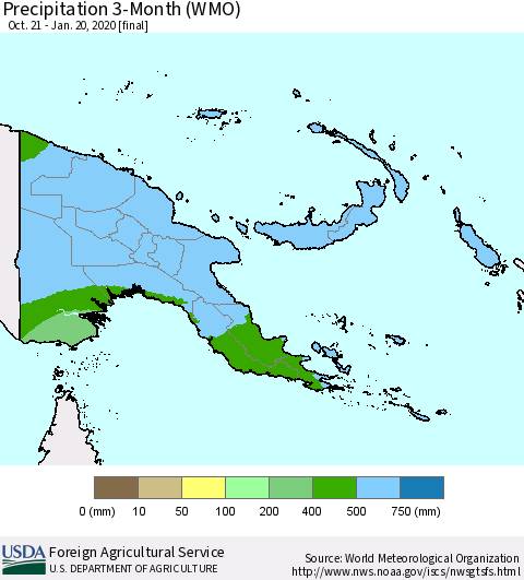 Papua New Guinea Precipitation 3-Month (WMO) Thematic Map For 10/21/2019 - 1/20/2020