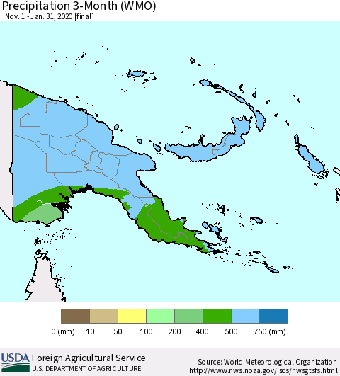 Papua New Guinea Precipitation 3-Month (WMO) Thematic Map For 11/1/2019 - 1/31/2020