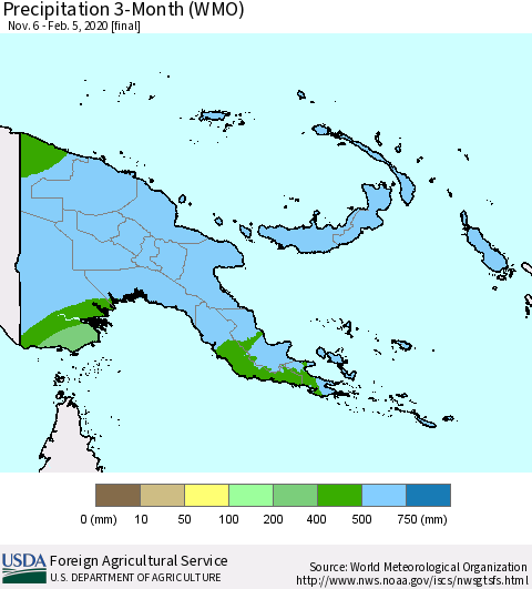 Papua New Guinea Precipitation 3-Month (WMO) Thematic Map For 11/6/2019 - 2/5/2020