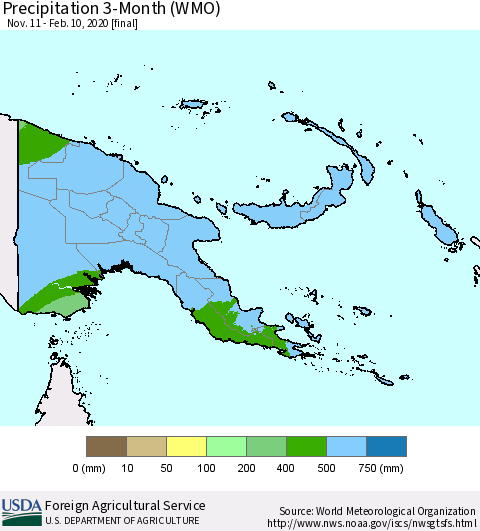 Papua New Guinea Precipitation 3-Month (WMO) Thematic Map For 11/11/2019 - 2/10/2020