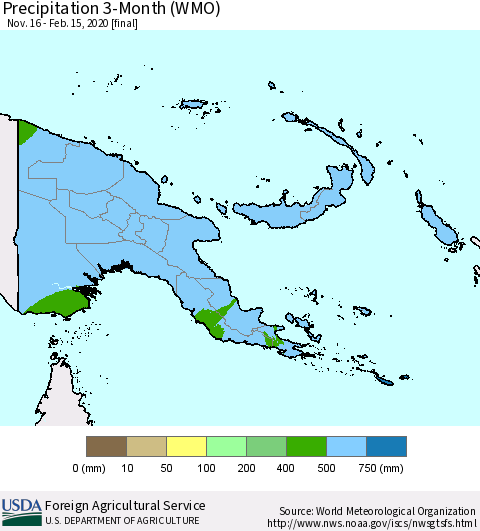 Papua New Guinea Precipitation 3-Month (WMO) Thematic Map For 11/16/2019 - 2/15/2020