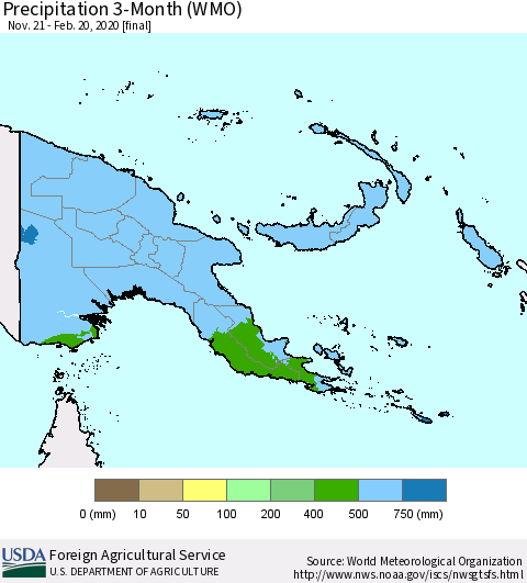 Papua New Guinea Precipitation 3-Month (WMO) Thematic Map For 11/21/2019 - 2/20/2020