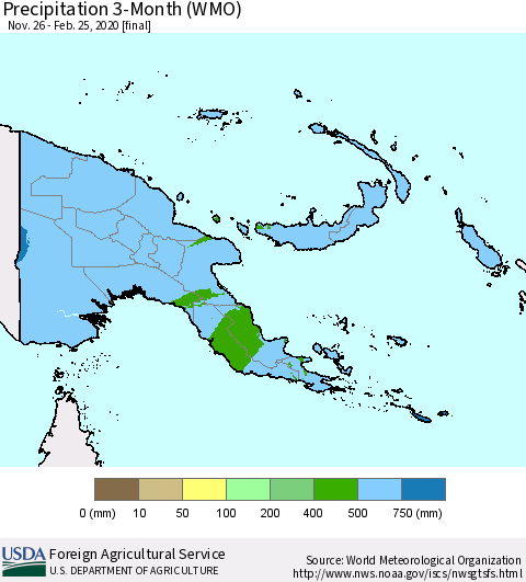 Papua New Guinea Precipitation 3-Month (WMO) Thematic Map For 11/26/2019 - 2/25/2020